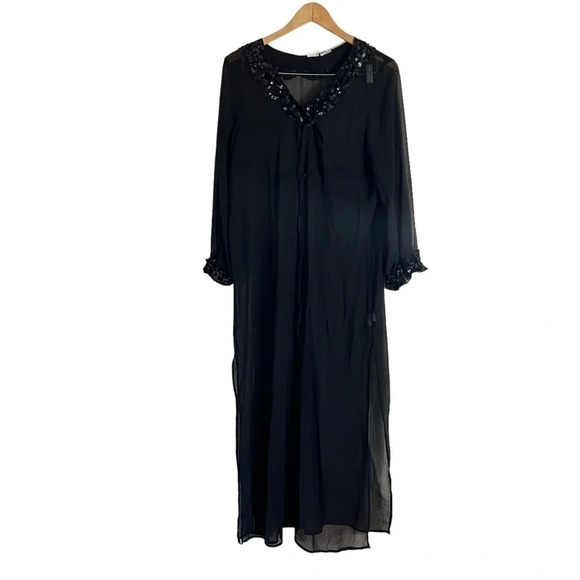 Roamans Long Sheer Black Dress Size Large Sequin Trim Drawstring Waist Polyester - Picture 1 of 8